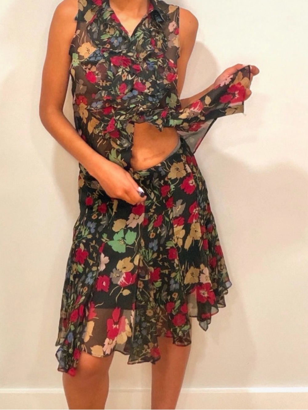 Ralph Lauren Black Floral Asymmetrical Chiffon Dress